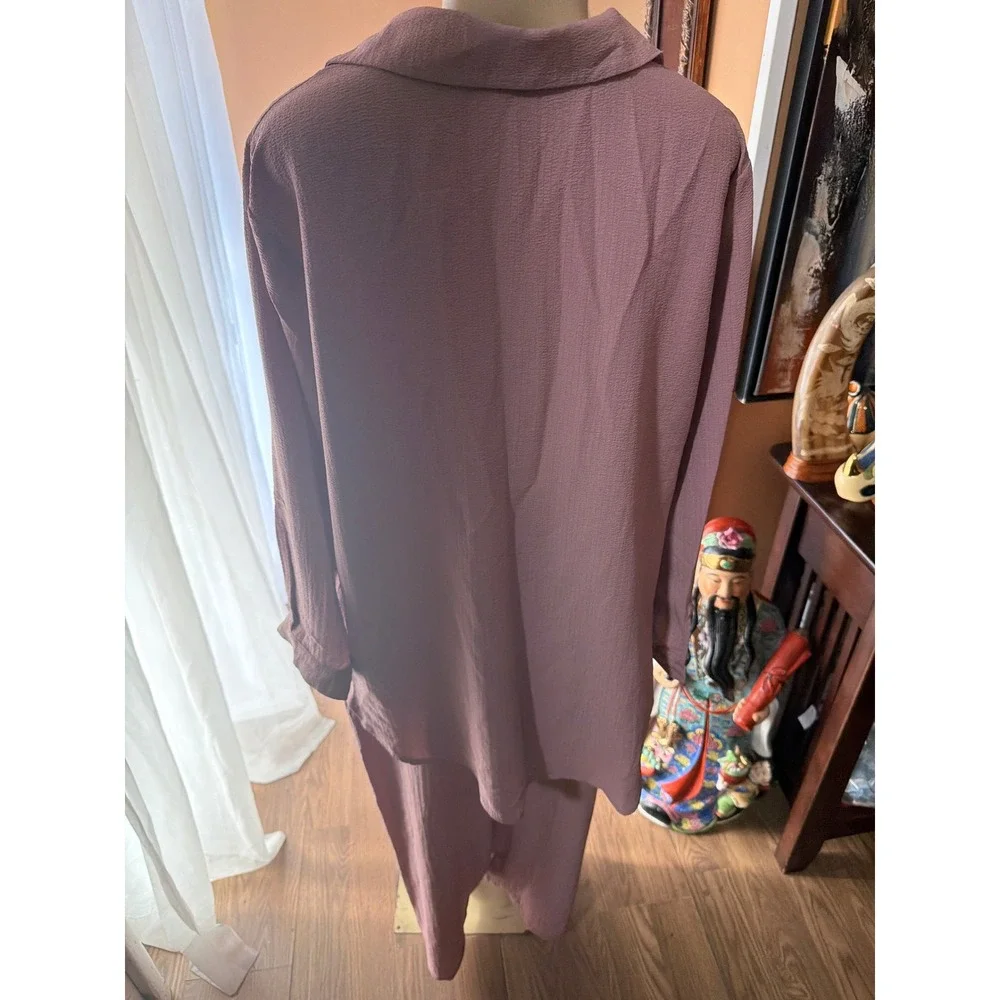 Mauve Textured Two Piece Lounge Set Button Down Shirt and Drawstring Pants